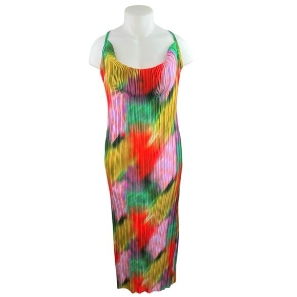 NEW PrettyLittleThing Multicolor Paint Print Pleated Cowl Sheath Maxi Dress 18 - Picture 1 of 5
